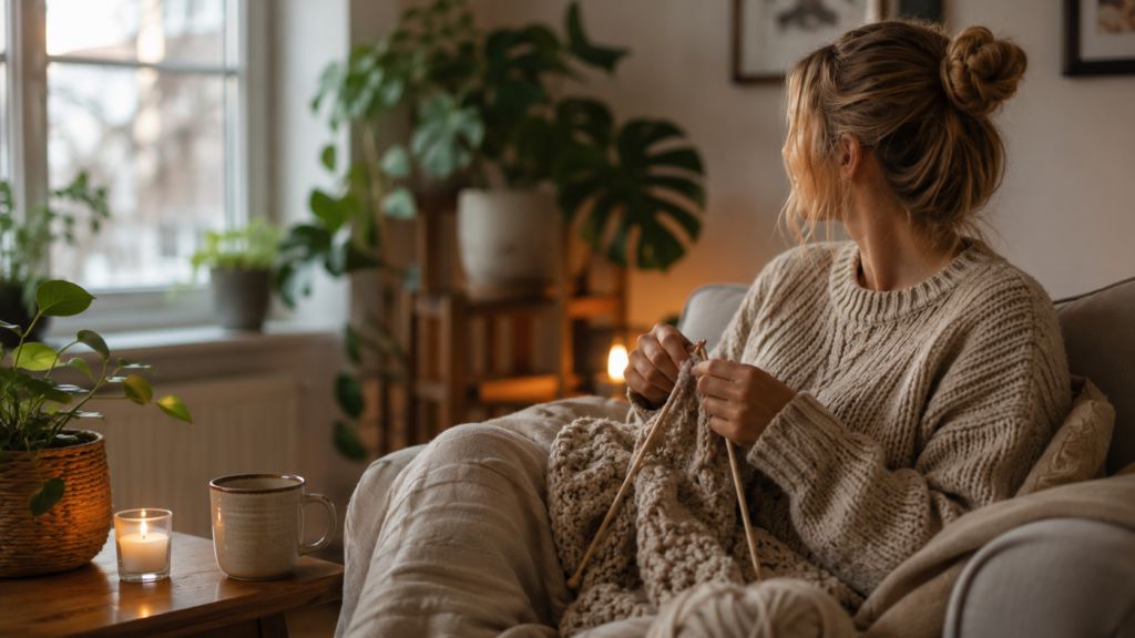 Kvinde der strikker i hyggelig stue med kaffe, levende lys og rolige omgivelser som symbol på mindful hobby og afslapning i hverdagen